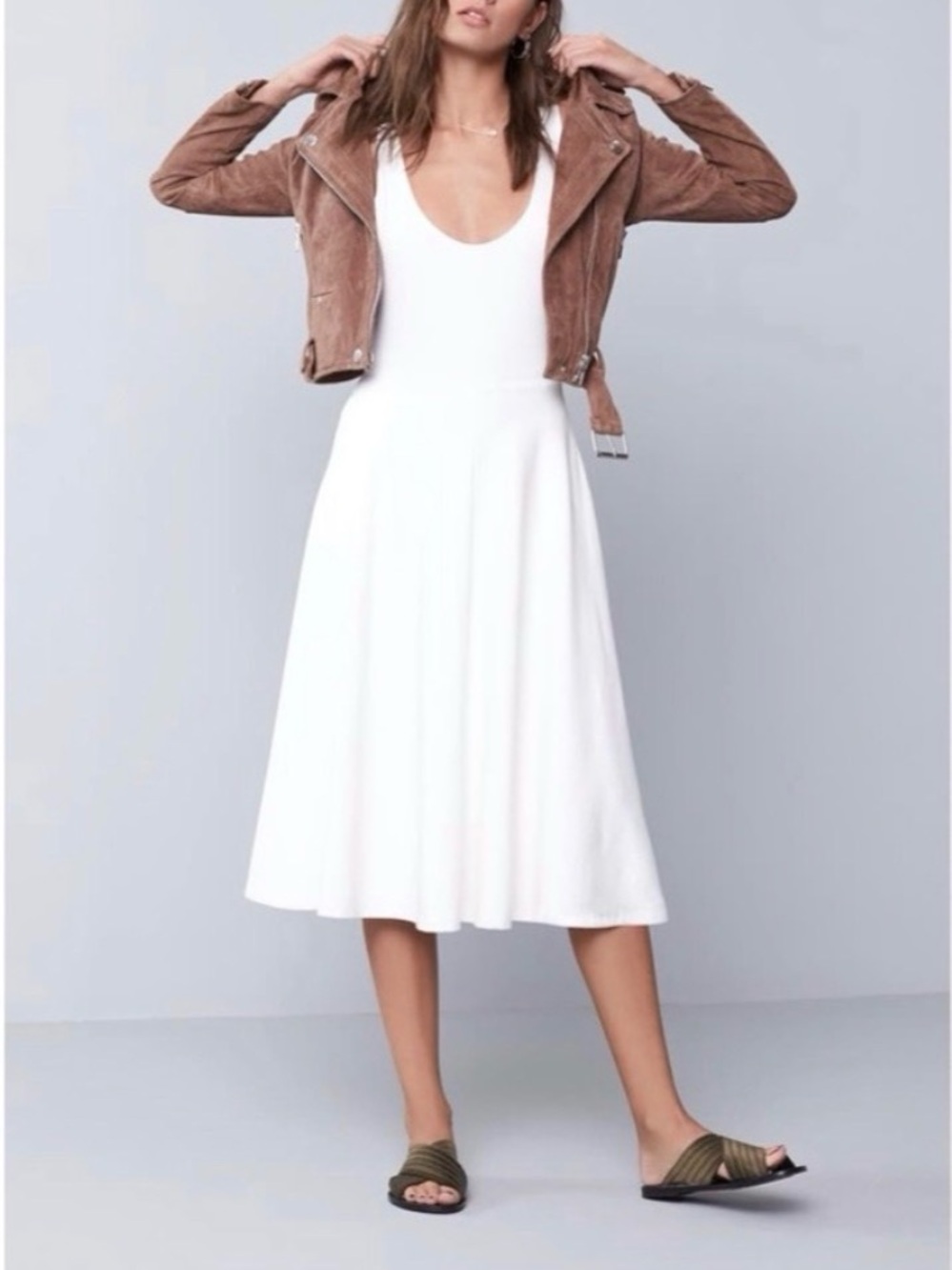 Leith White Scoop Neck Midi Dress Medium Sleeveless A Line Minimalist Pockets